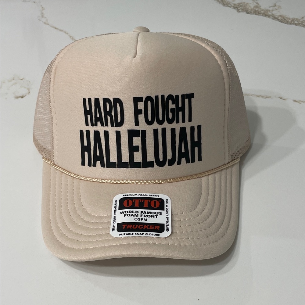 NWT Hard Fought Hallelujah Tan & Black Trucker Hat